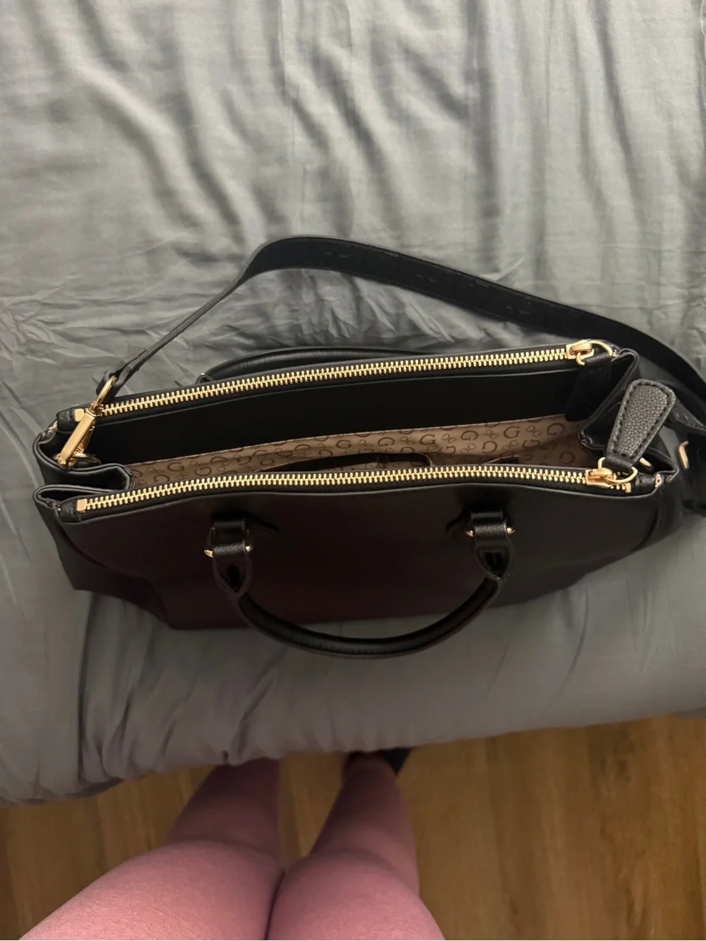 Guess Black Satchel with Gold Hardware and Charm Tags